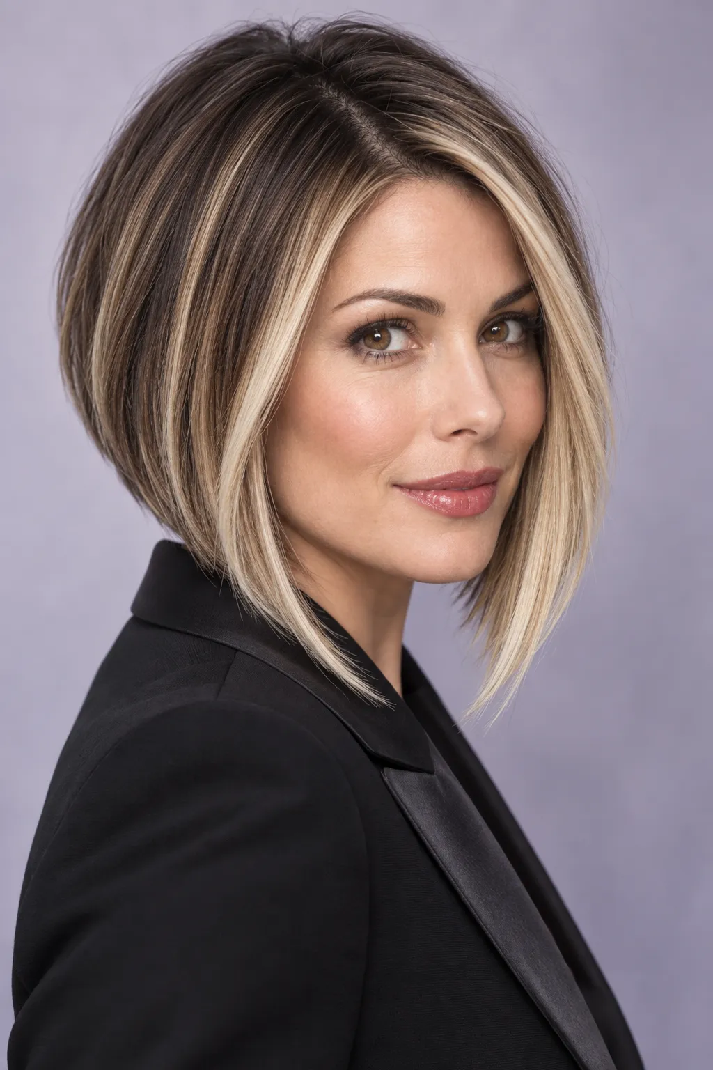 Angled bronde bob with blonde highlights framing the face