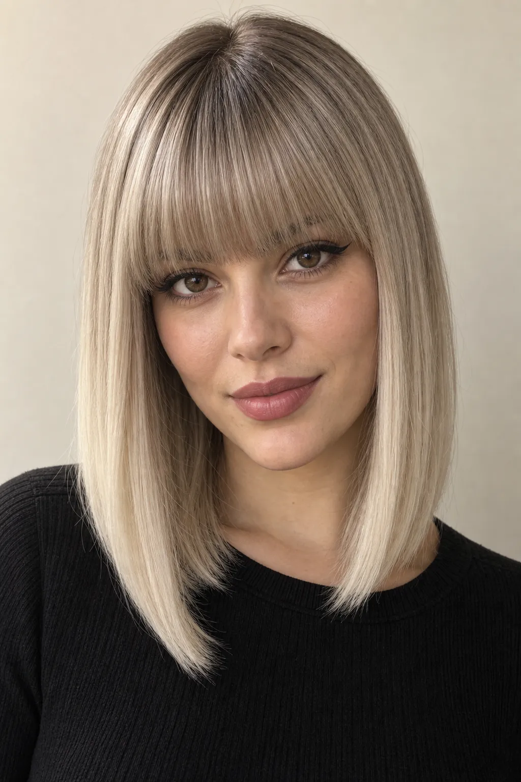 Ash-blonde blunt bob with full bangs and a defined perimeter