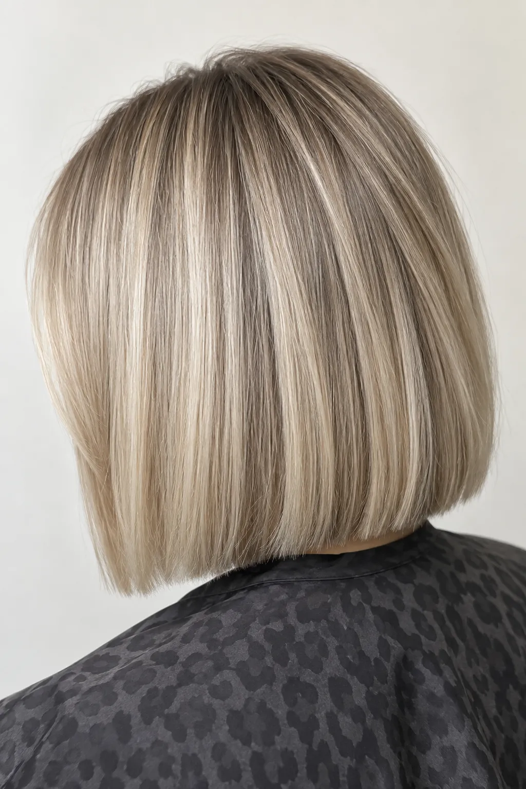 Ash-blonde blunt bob with softly shaded roots