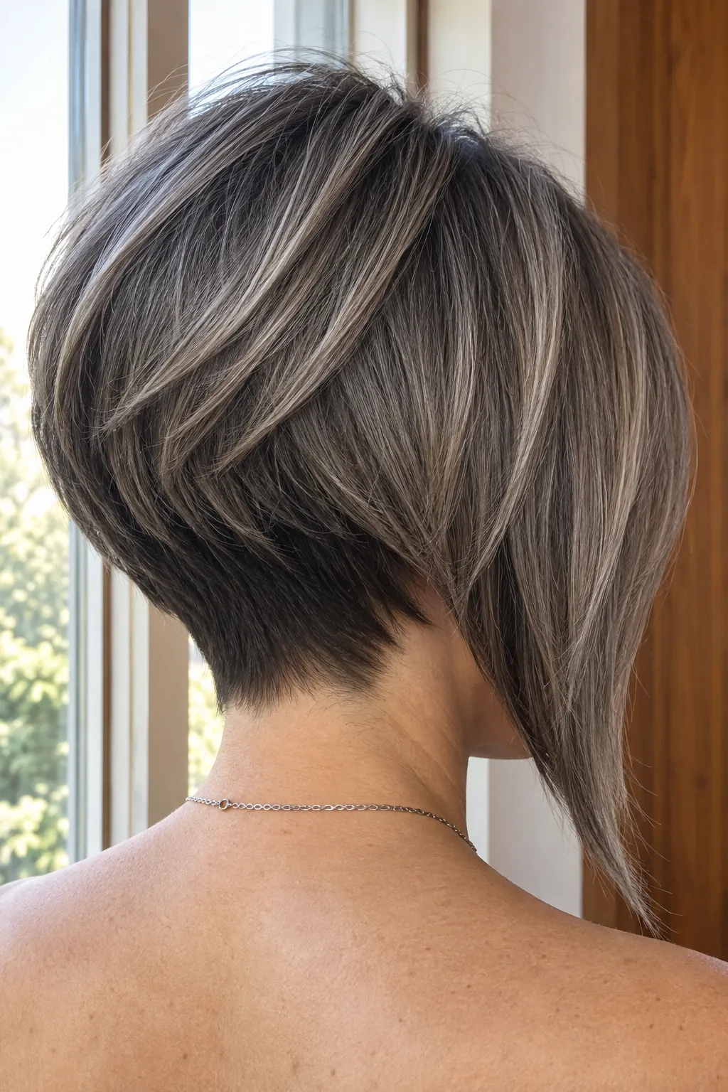 Ash gray angled bob with a stacked back shape.