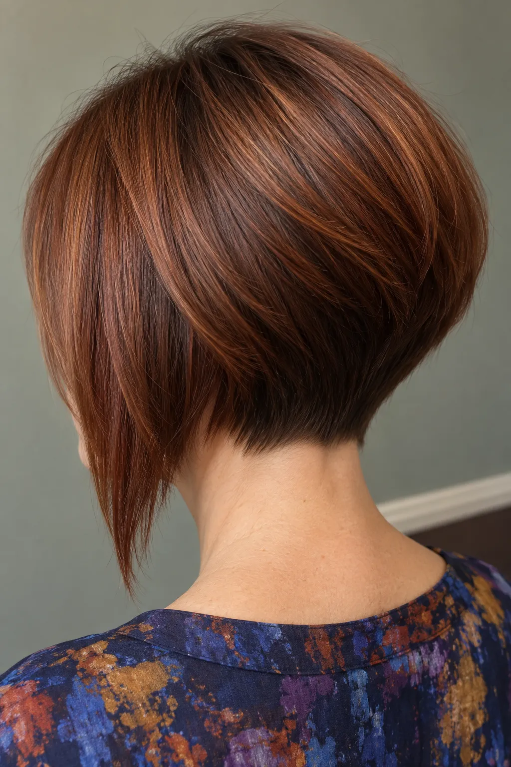 Auburn inverted bob with copper highlights through the back.