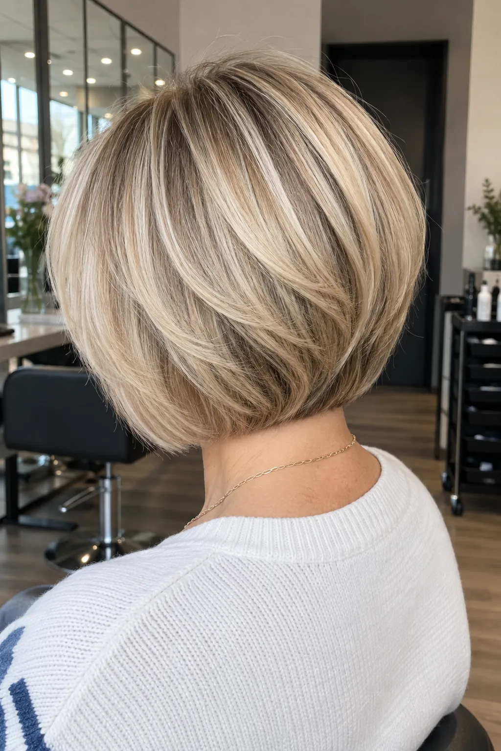 Salon back view of a beige blonde layered bob.