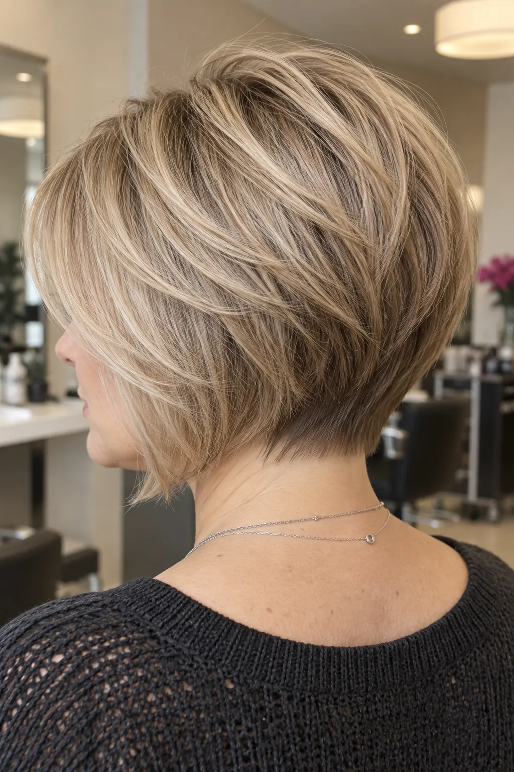 Beige blonde stacked bob with layered volume above a short nape.