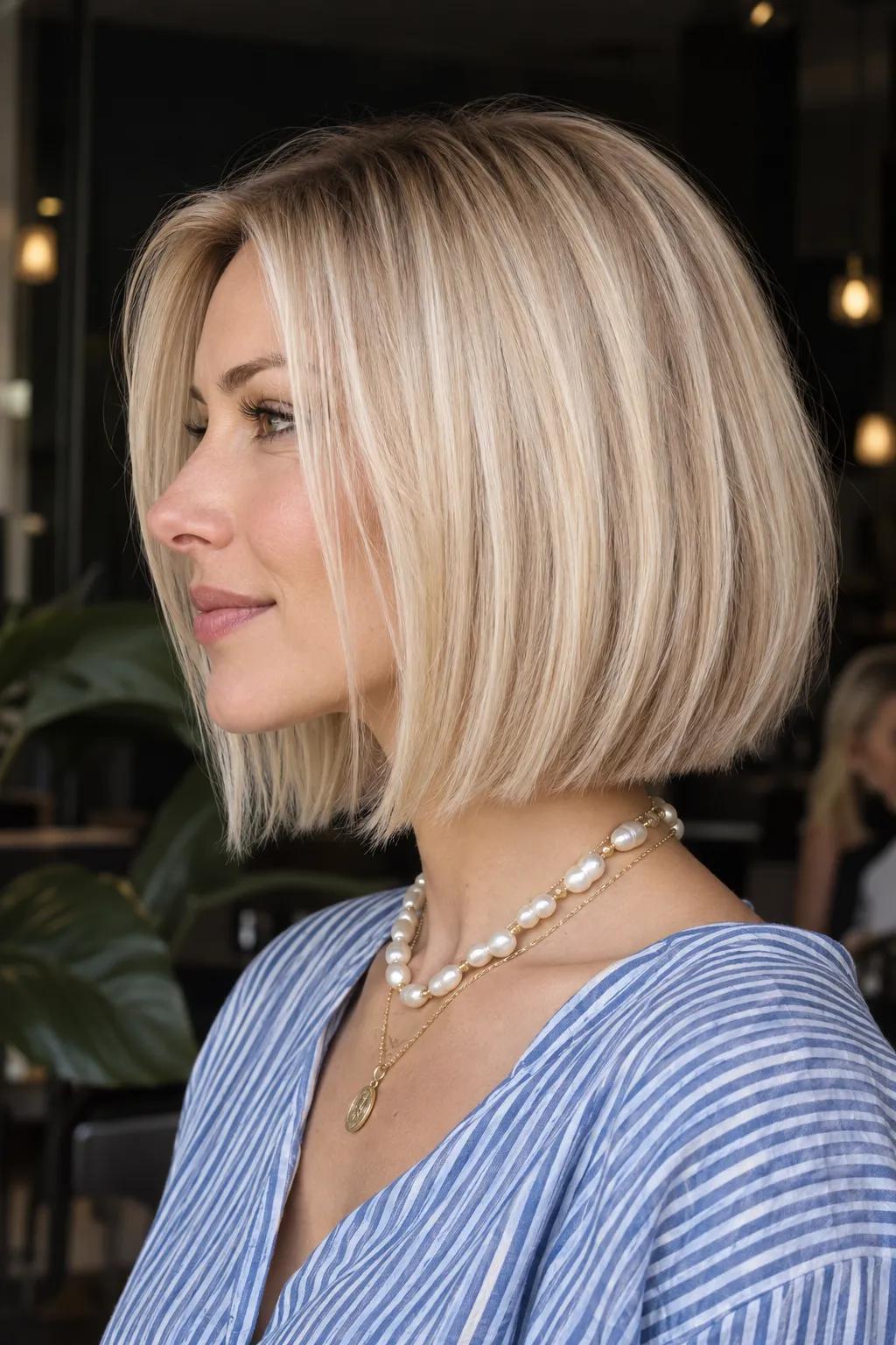 Side view of a sleek beige blonde bob