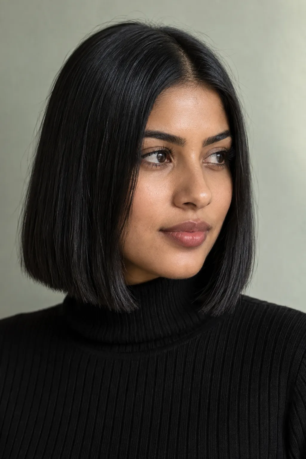 Sleek black bob divided by a center part with smooth lengths on both sides.