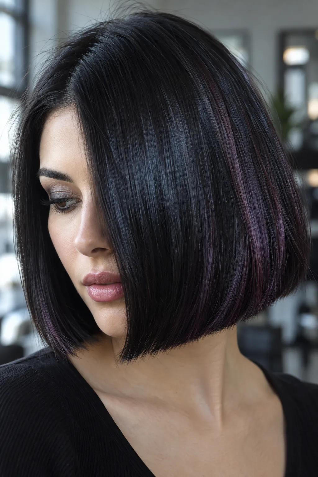 Black bob accented with subtle purple highlights