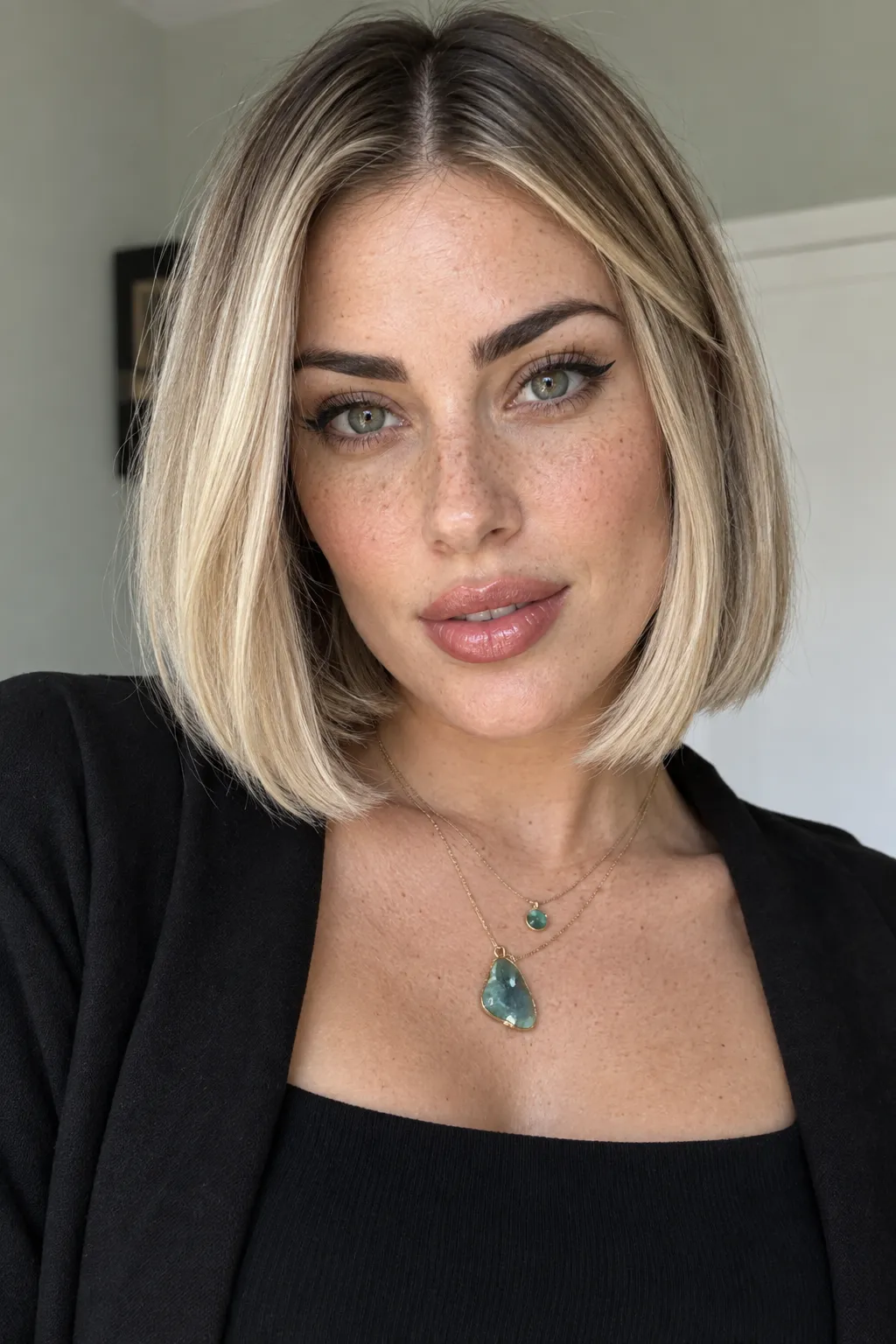 Chin-length blonde bob with dark roots and a center part.