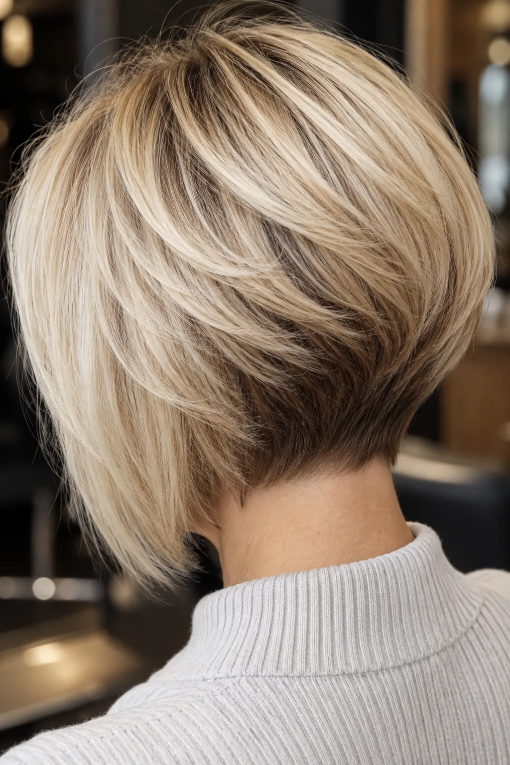 Blonde inverted bob with feathered layers above a dark nape.