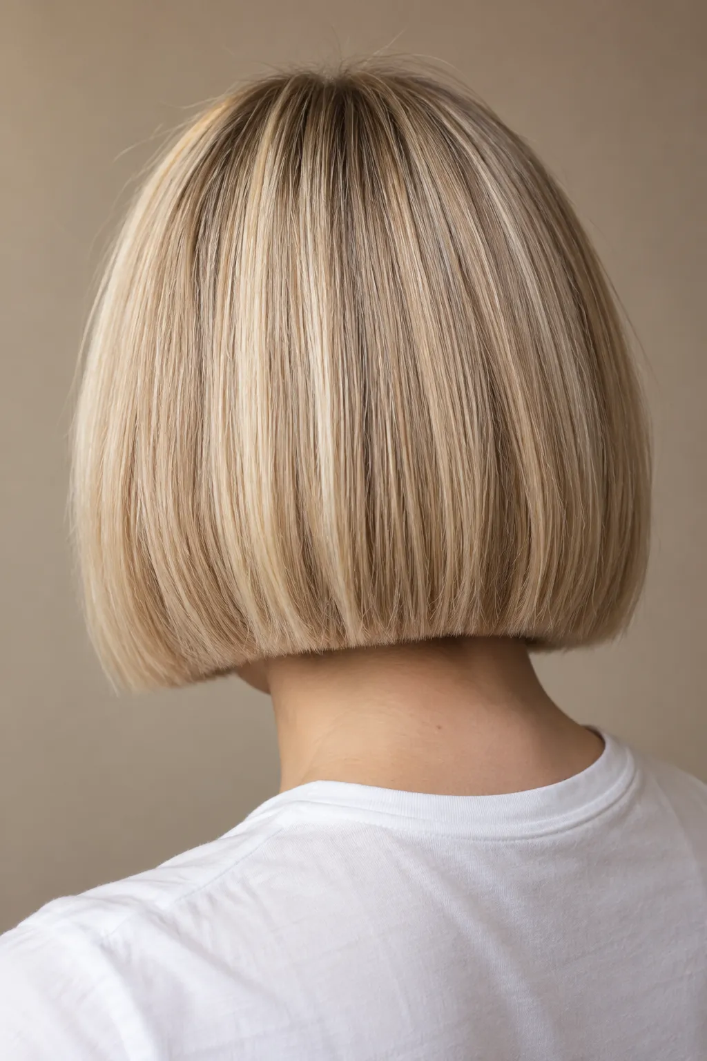 Blonde bob with a precise blunt cutting line across the back.