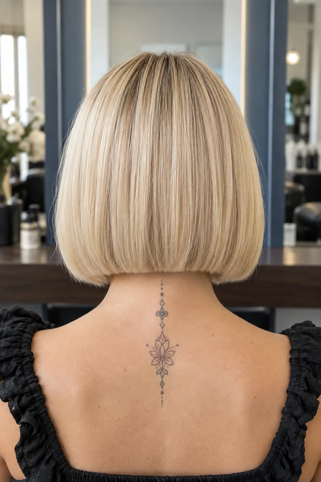 Back view of a blonde bob showing a crisp perimeter