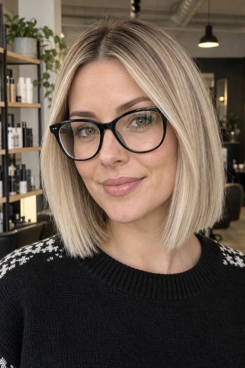 Blonde bob with dark roots worn with glasses