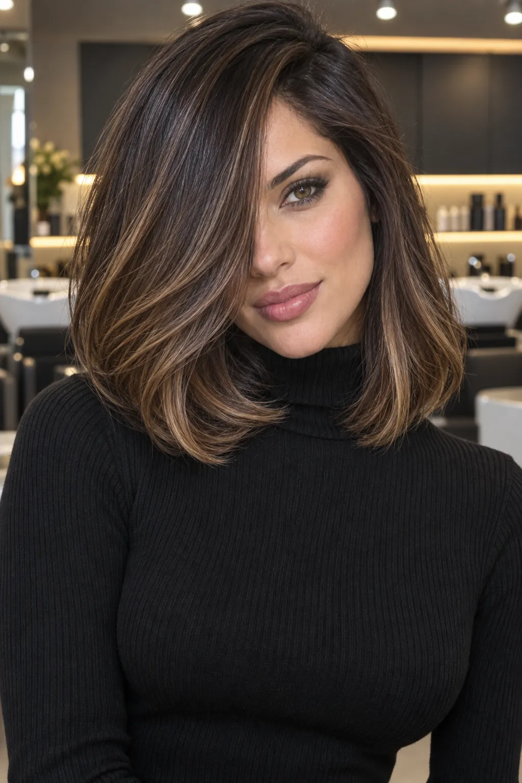 Long brunette bob with caramel tones, a side part, and extra length.