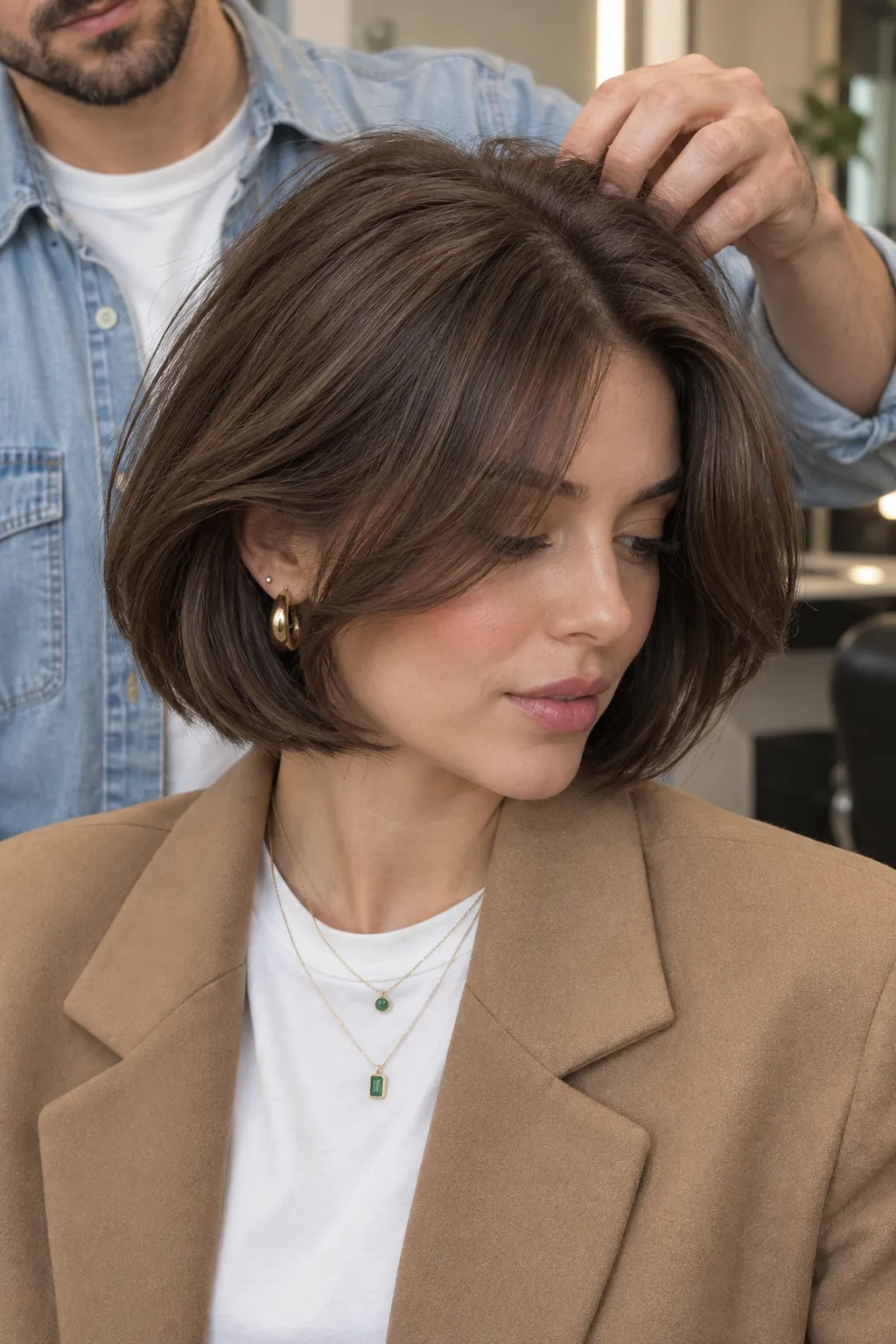 Rounded French bob with curved ends and face-framing curtain bangs