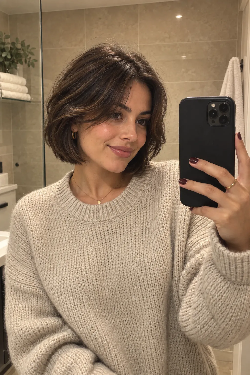 Soft brunette bob with a sweeping fringe that blends into the sides