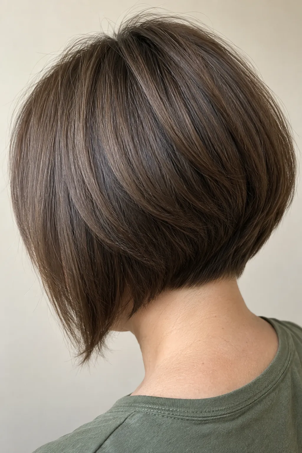Brunette graduated bob with a rounded shape at the back.