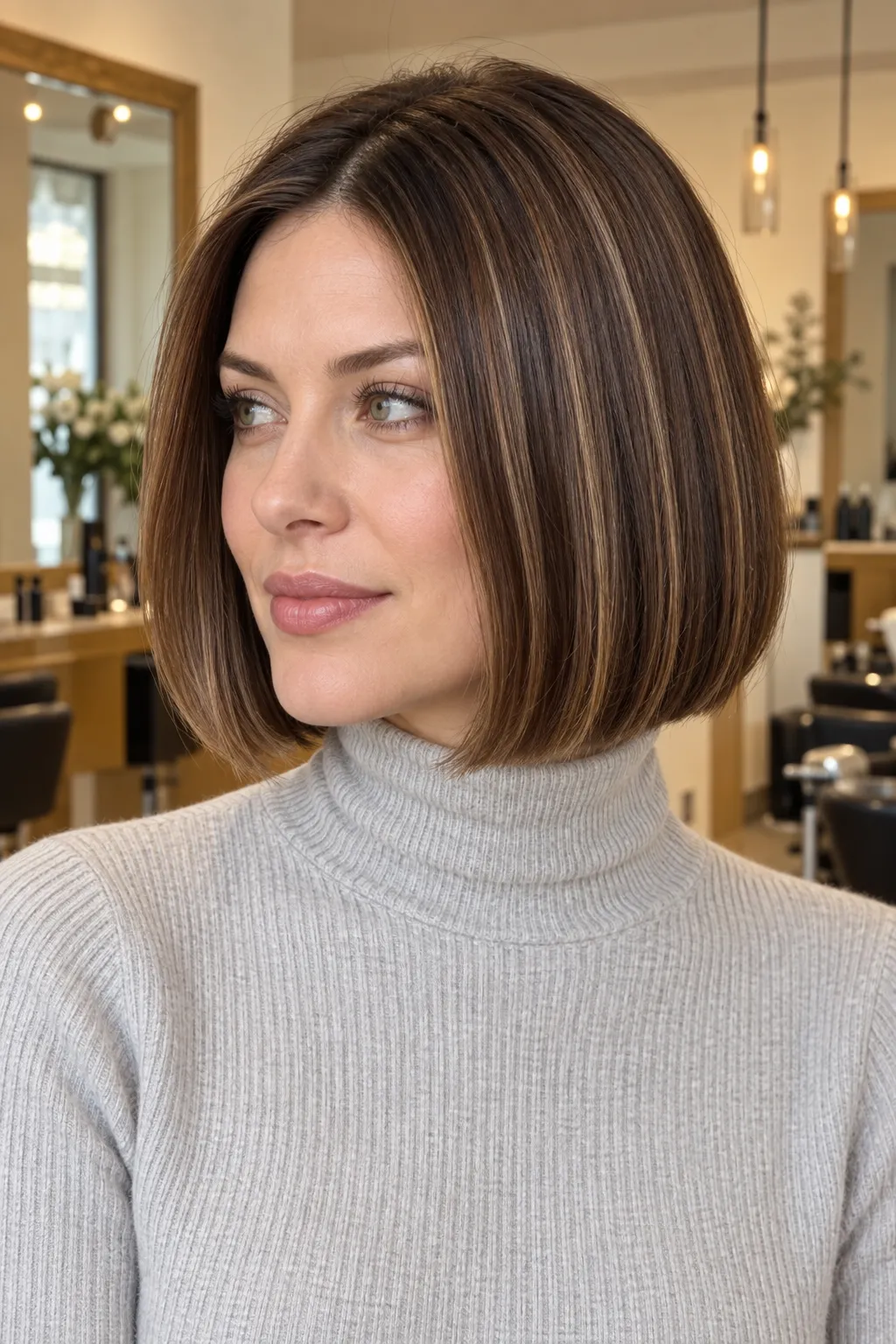 Brunette bob with fine caramel highlights adding subtle dimension