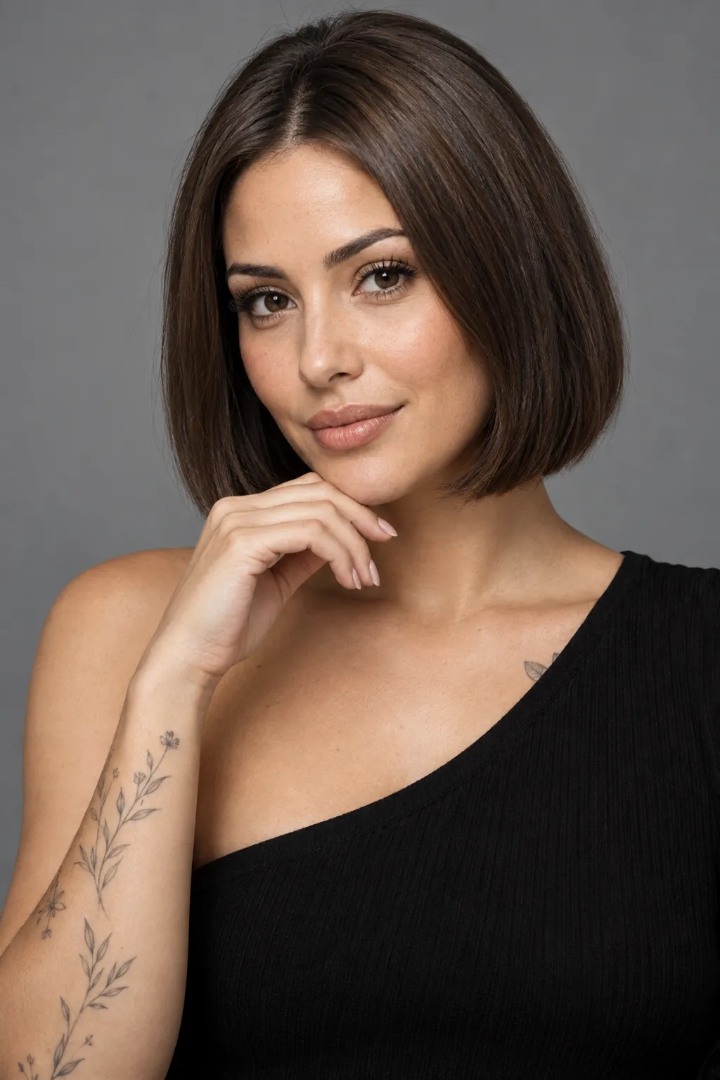 Brunette bob with blunt ends shaped into a soft rounded outline