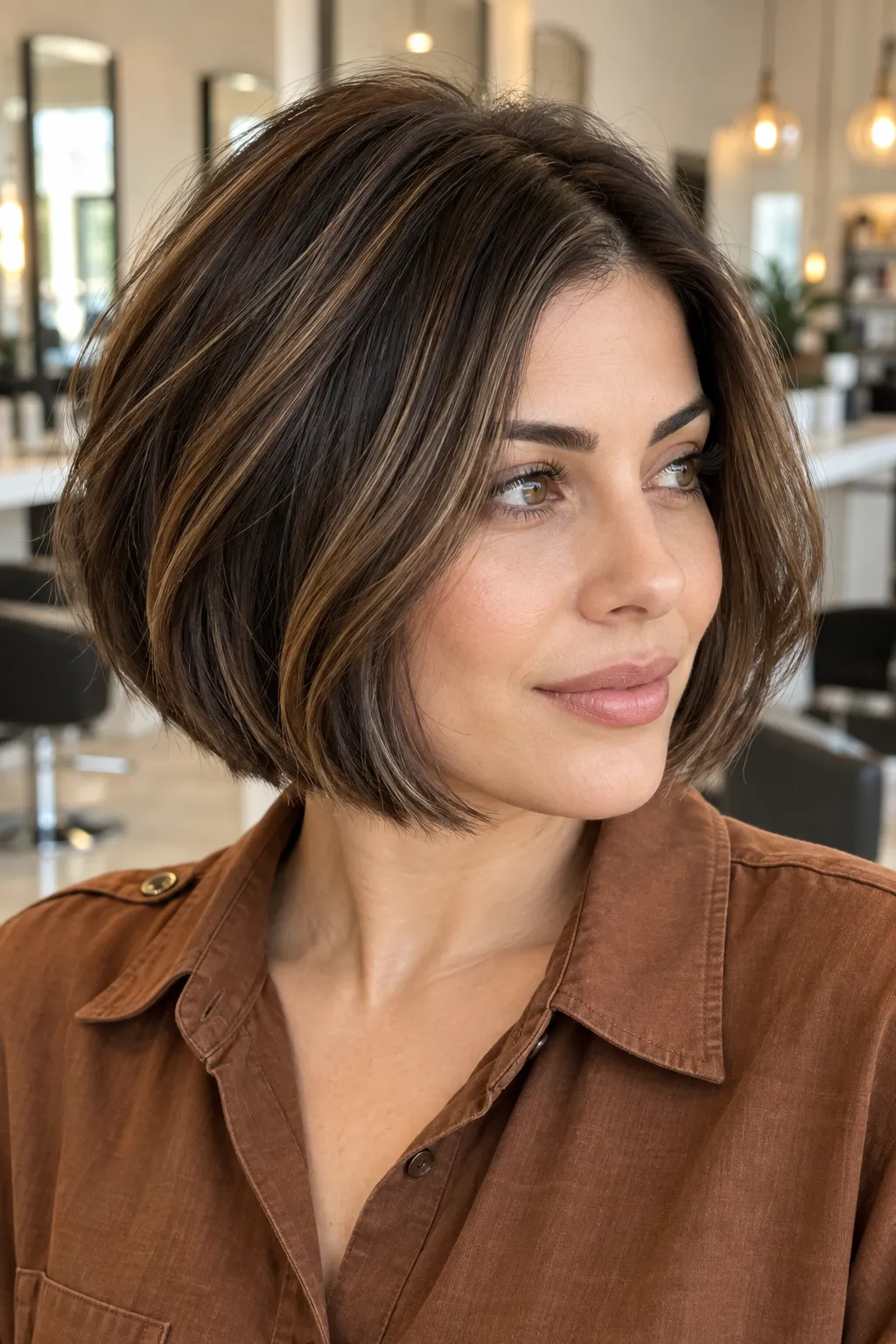 Brunette bob with soft volume and lighter highlights through the lengths.