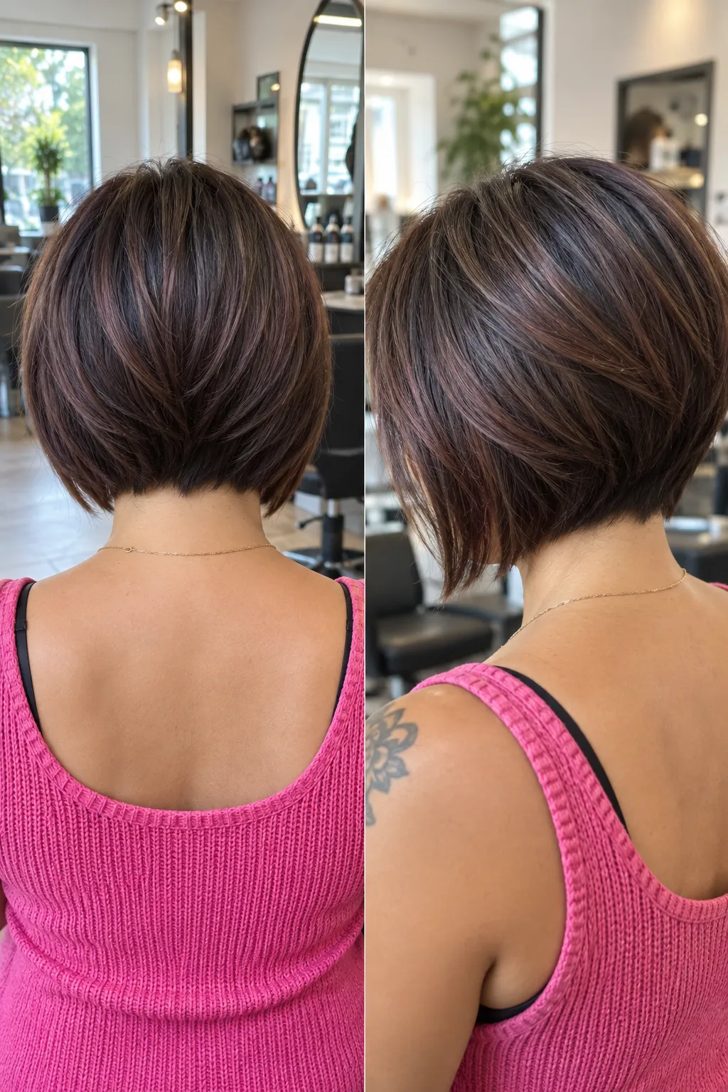 Rounded brunette bob presented from two salon angles.