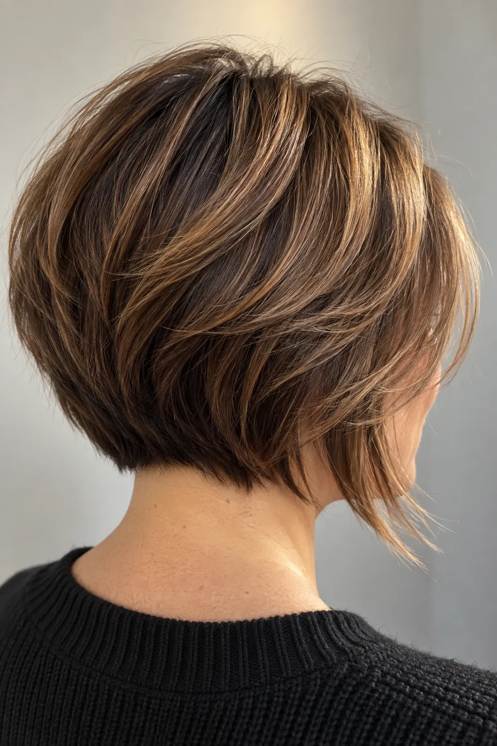 Inverted bob with caramel highlights and layered dimension.