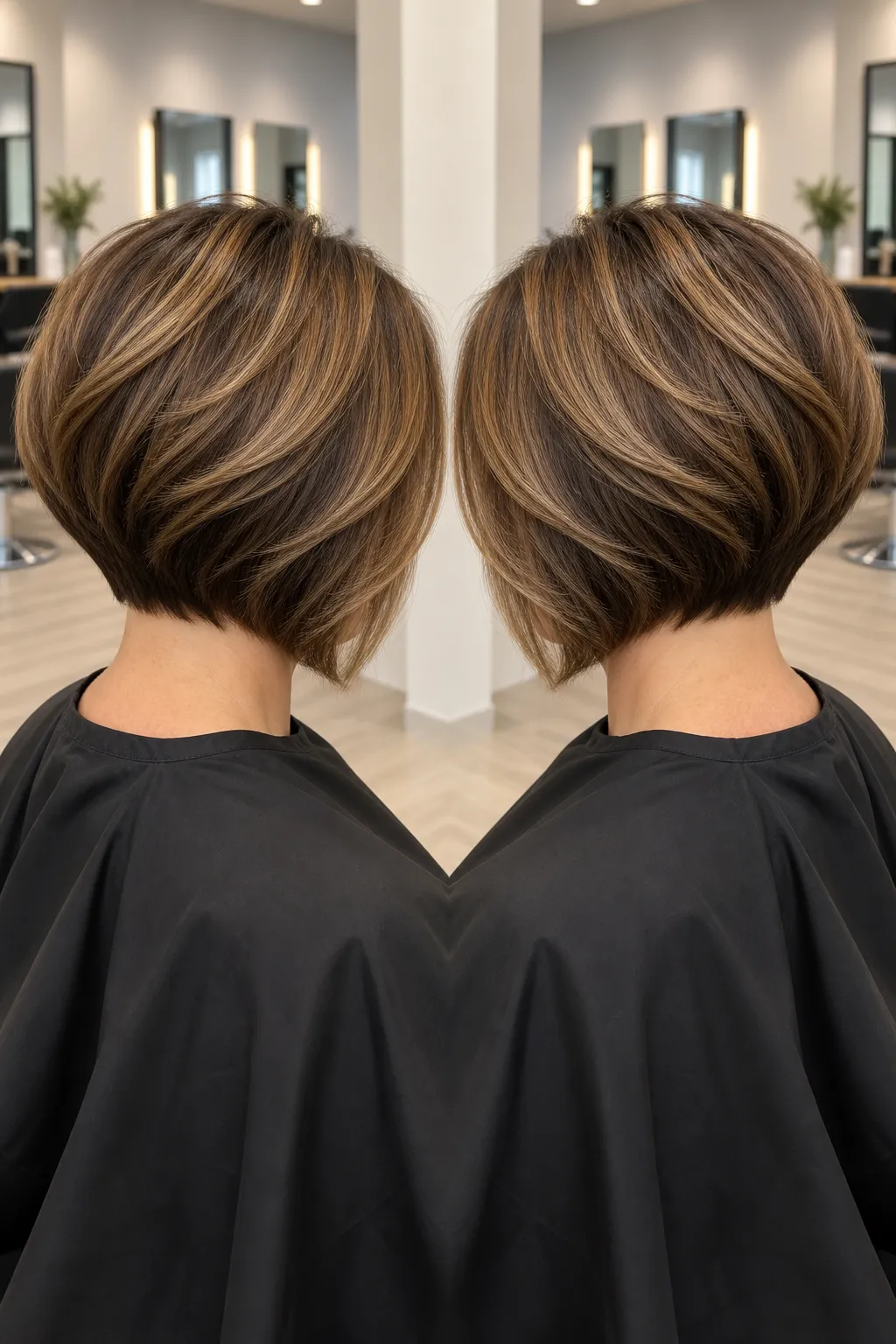 Mirrored back view of a caramel-highlighted stacked bob.