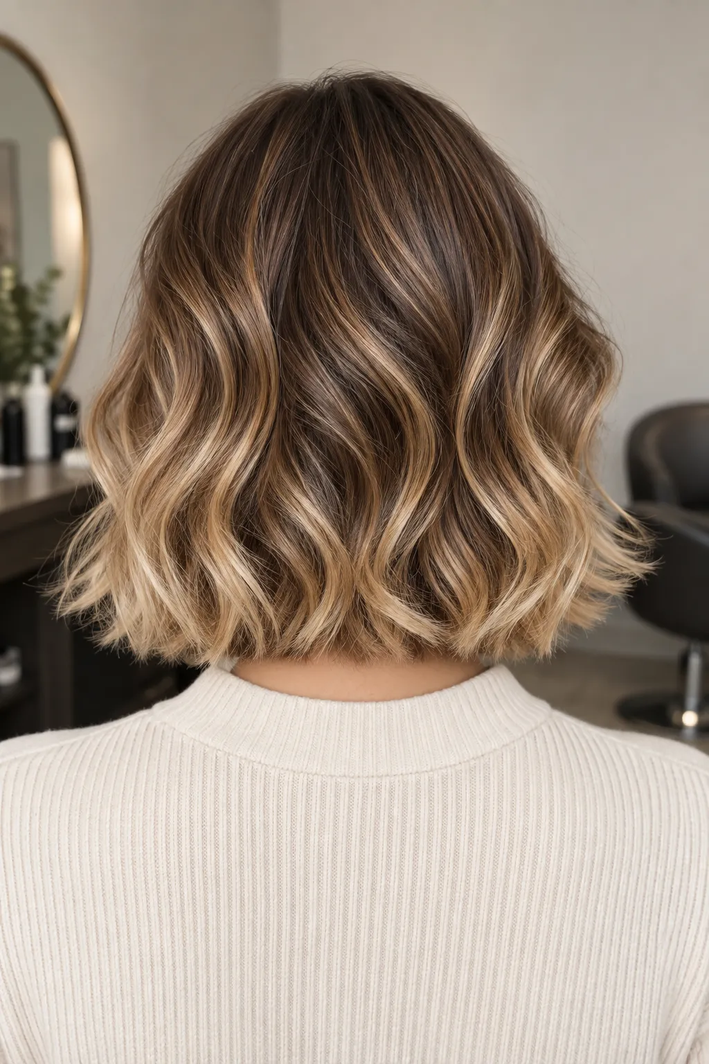 Back view of a wavy Italian bob with caramel highlights