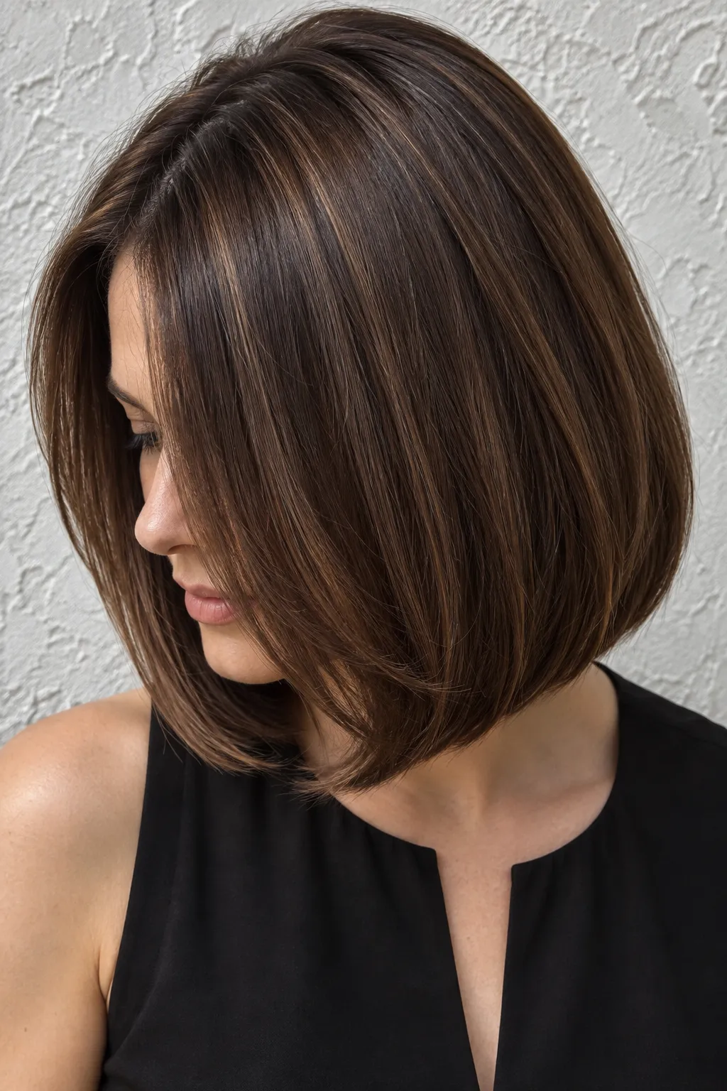 Chestnut brown bob with smooth ends curved into a rounded shape