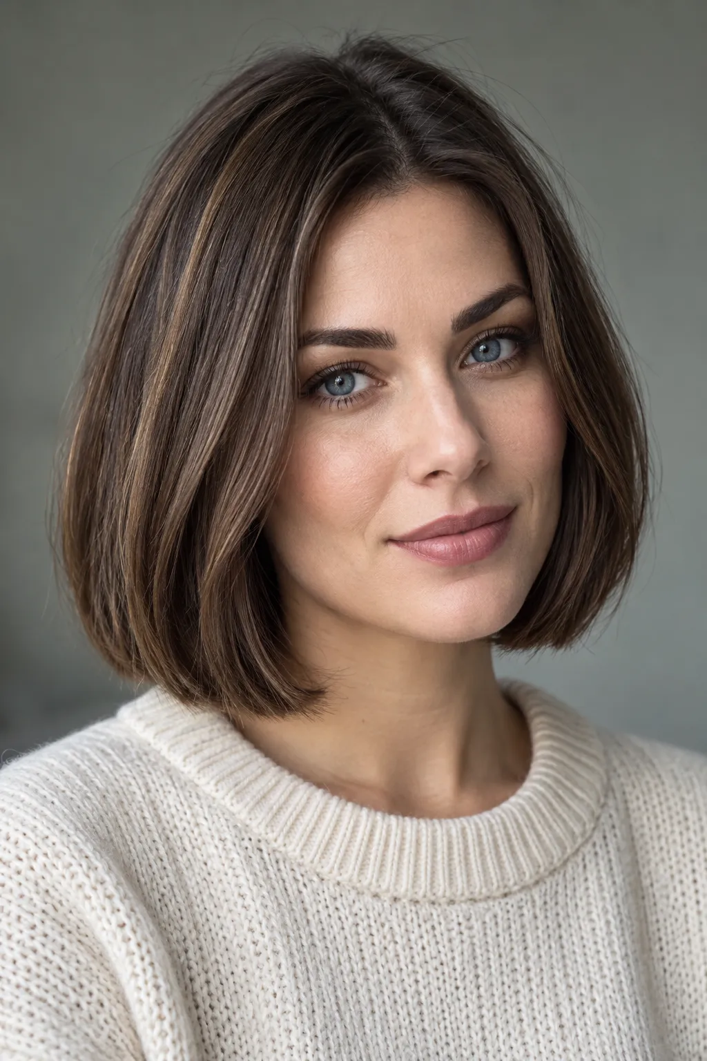 Chestnut brown bob with a softly defined center part.