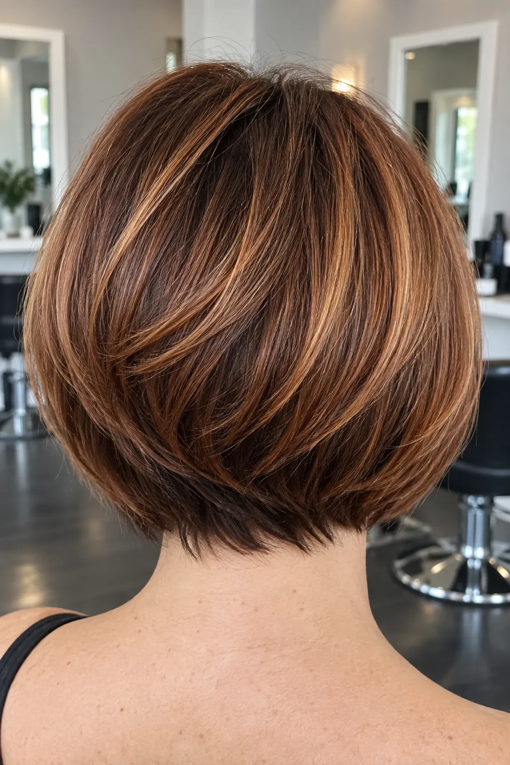 Copper caramel layered bob with a rounded shape at the back.