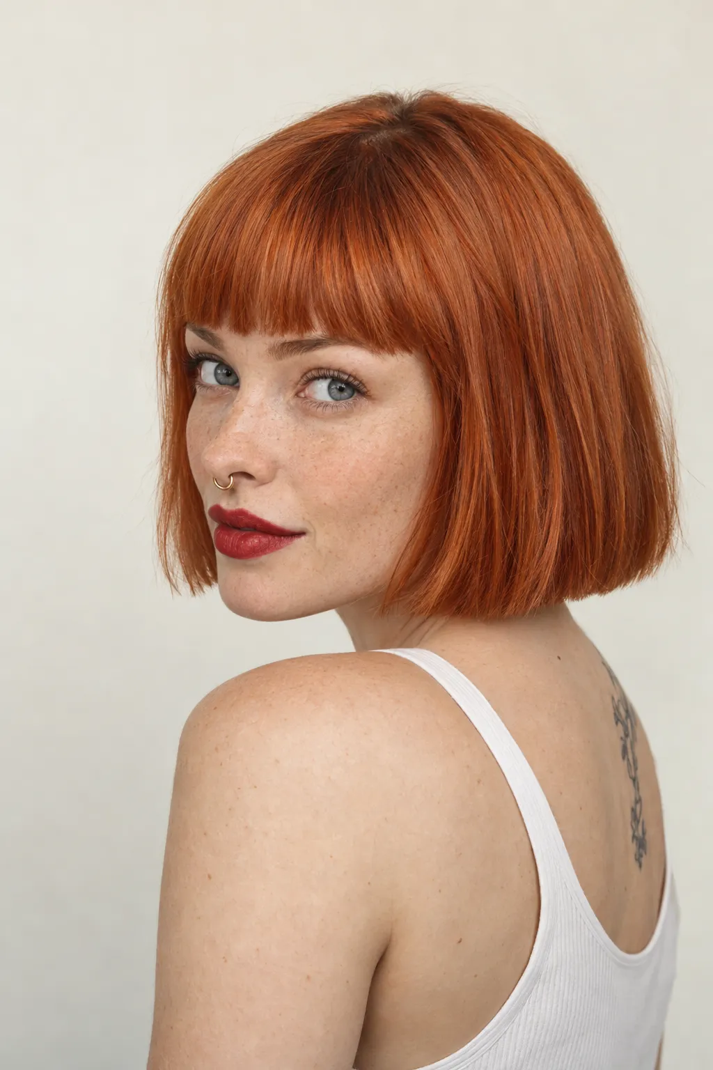 Copper bob paired with bold blunt bangs