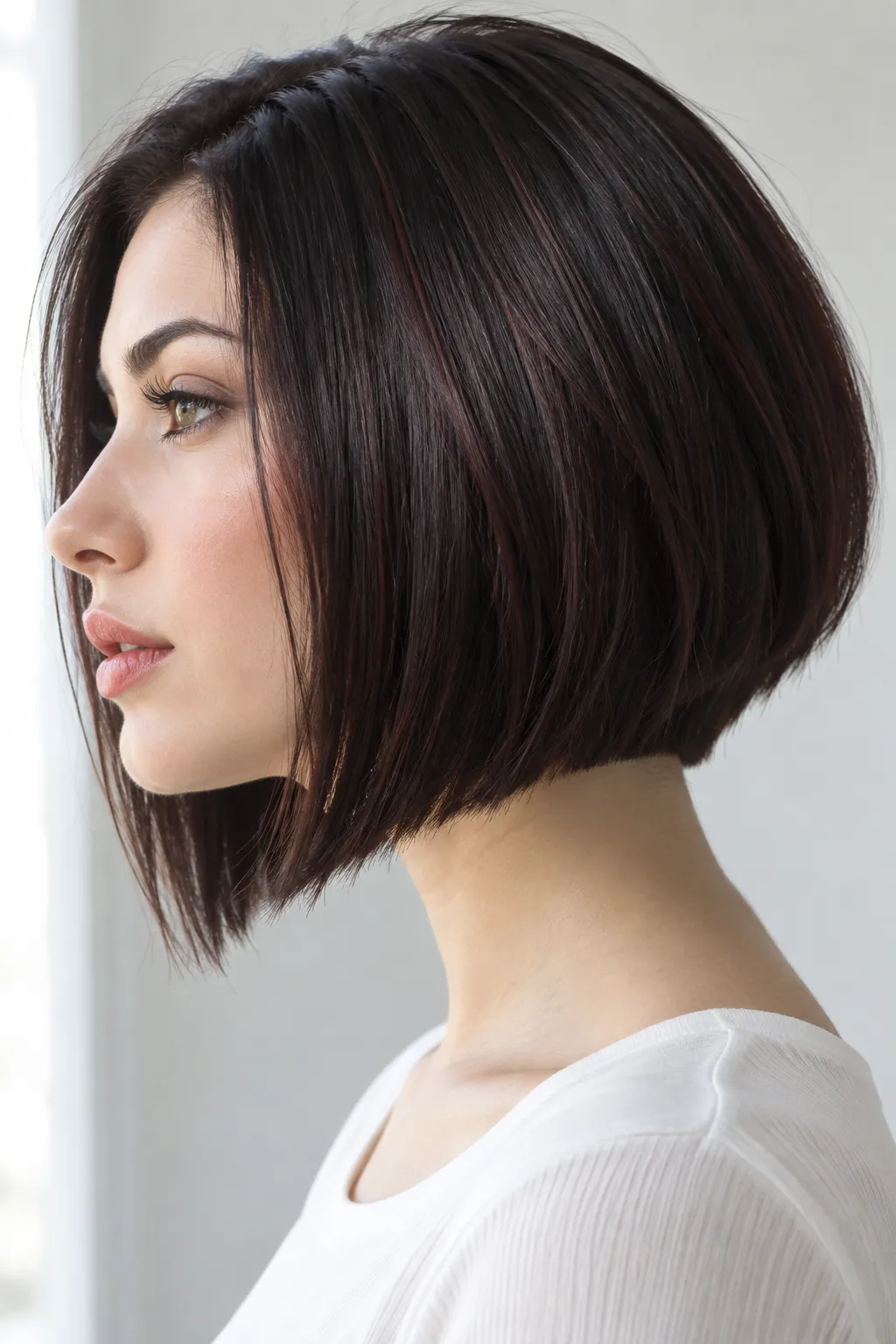 Profile view of a dark brunette angled bob with a blunt edge.