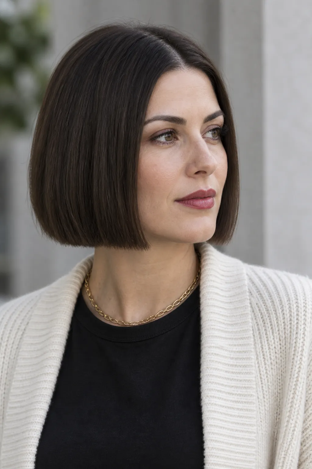 Brunette bob with a center part and a sharply defined edge