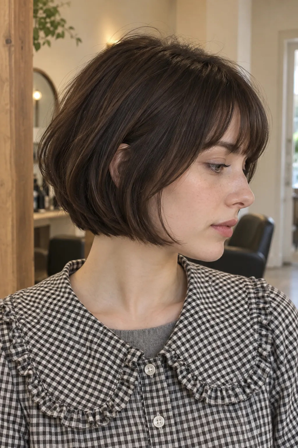 Dark brunette bob with bangs framing the face.