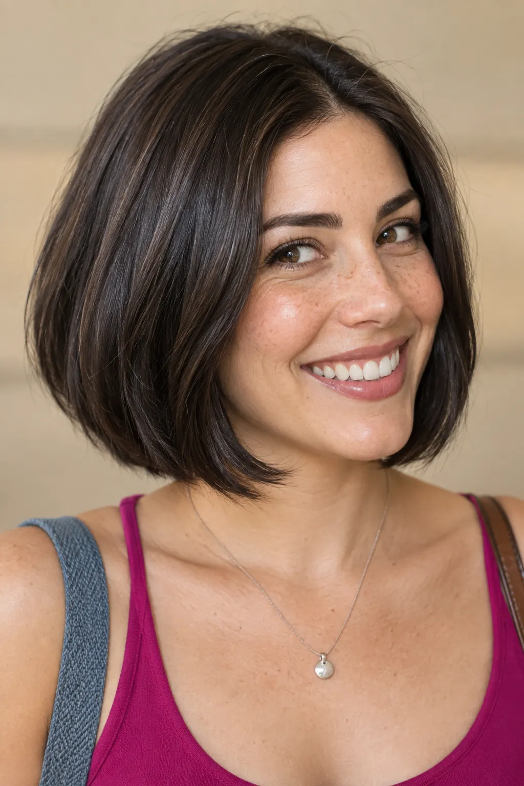 Glossy dark brunette bob with ends curving inward into a rounded shape.