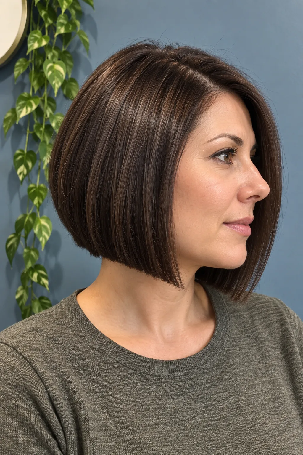 Glossy brunette bob styled with a side part