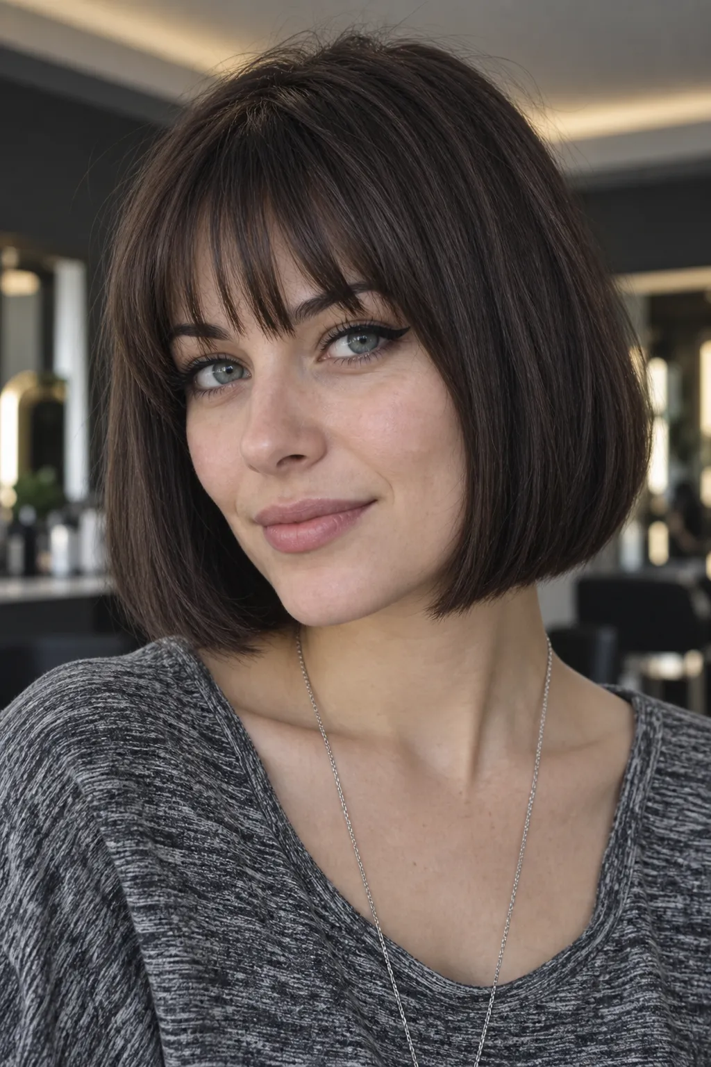 Dark brunette bob paired with soft bangs