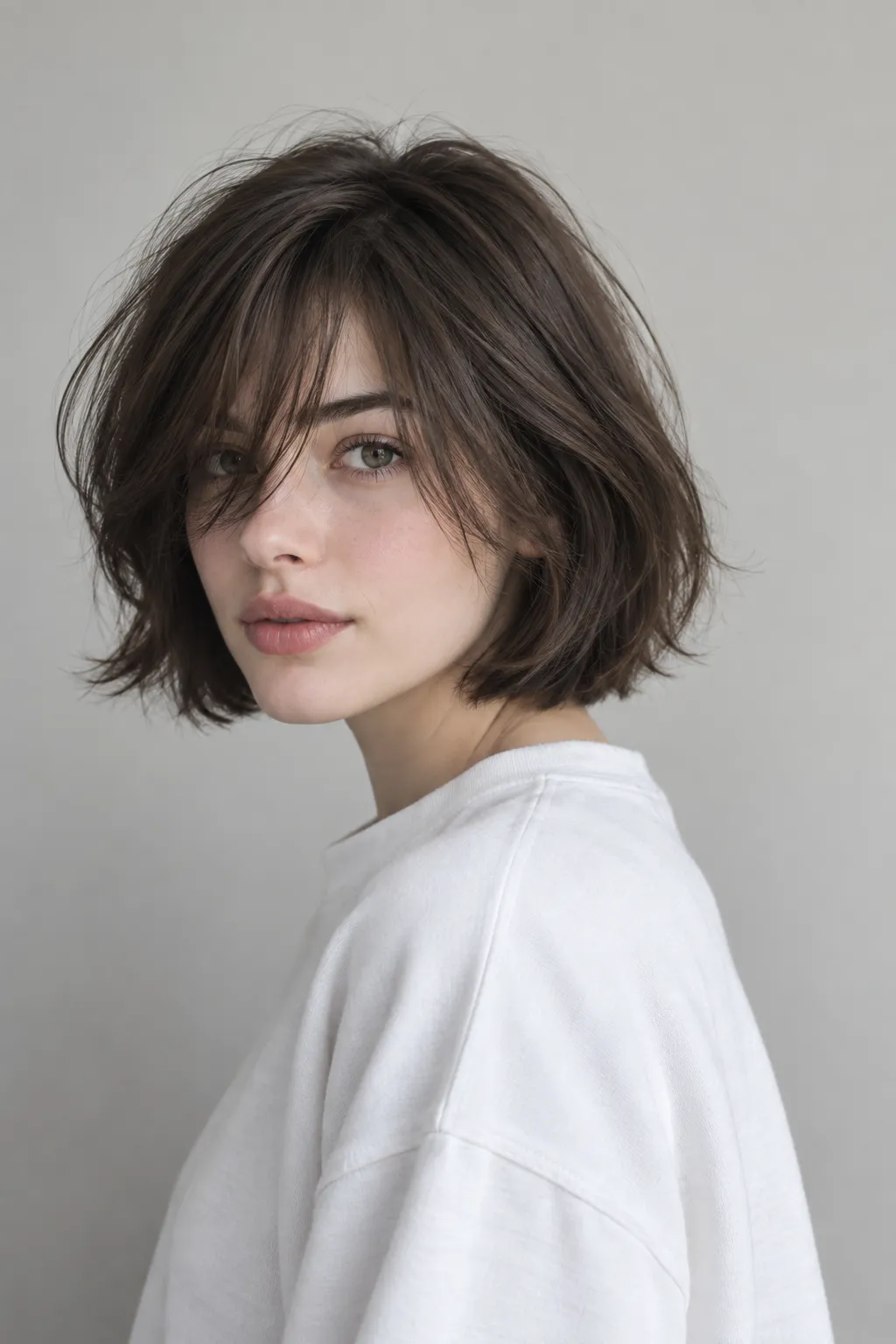 Dark Italian bob paired with sweeping bangs