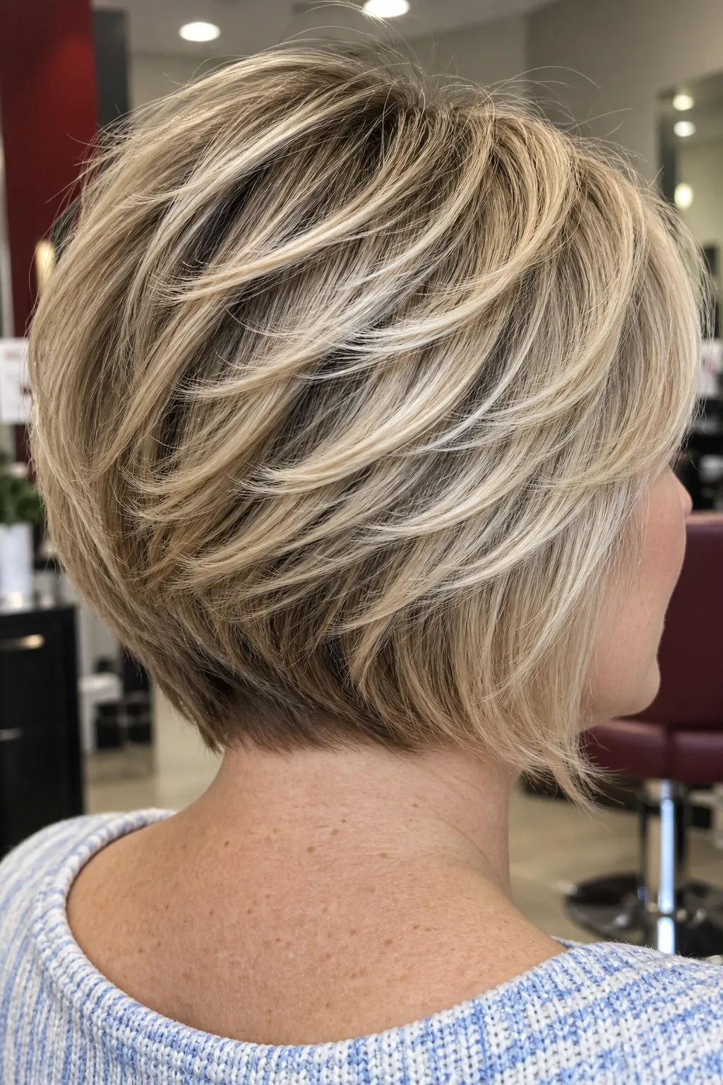 Back view of a feathered blonde bob with layered movement.