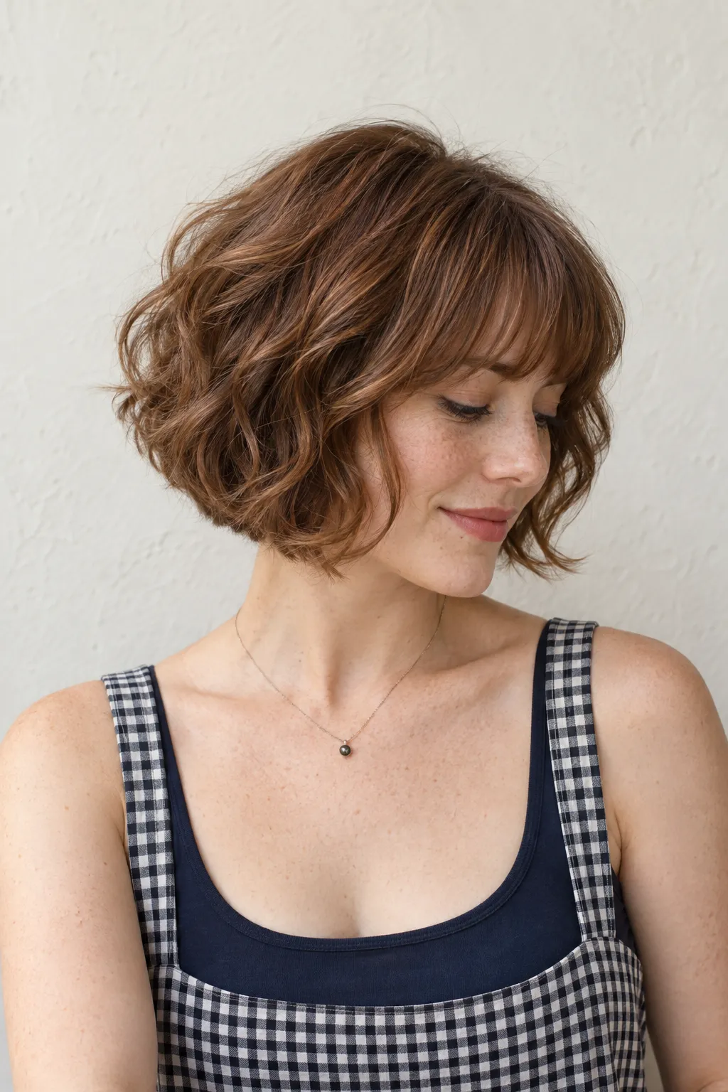 Auburn bob with flowing waves and a soft fringe.