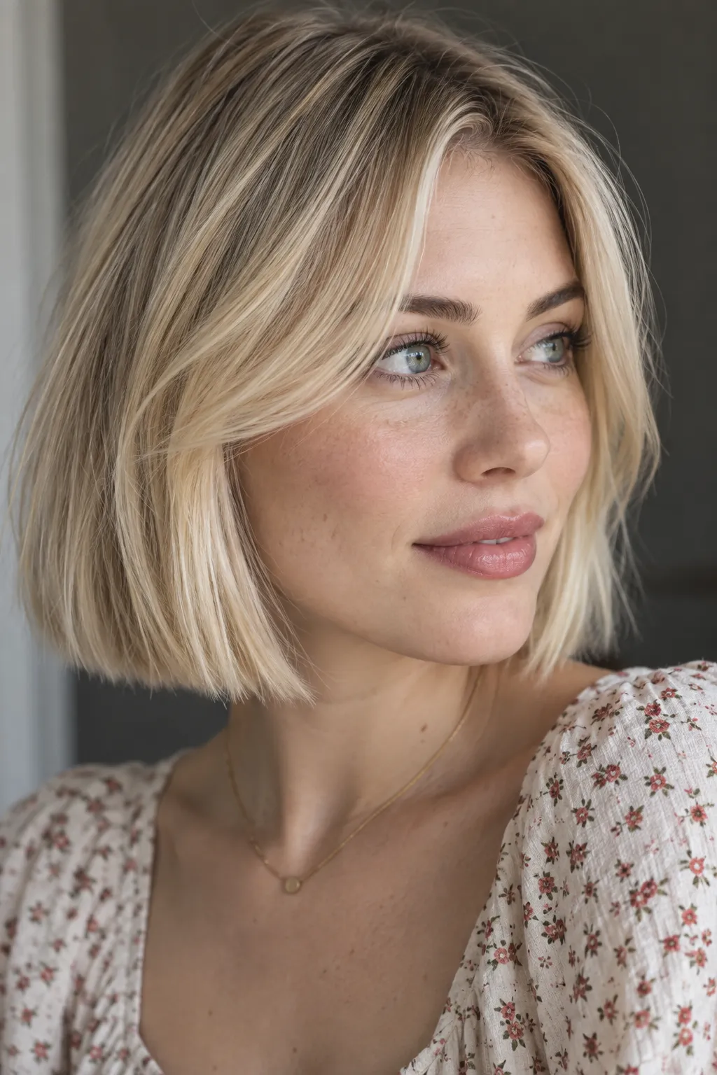 Blonde bob with blunt ends and a soft curtain fringe.