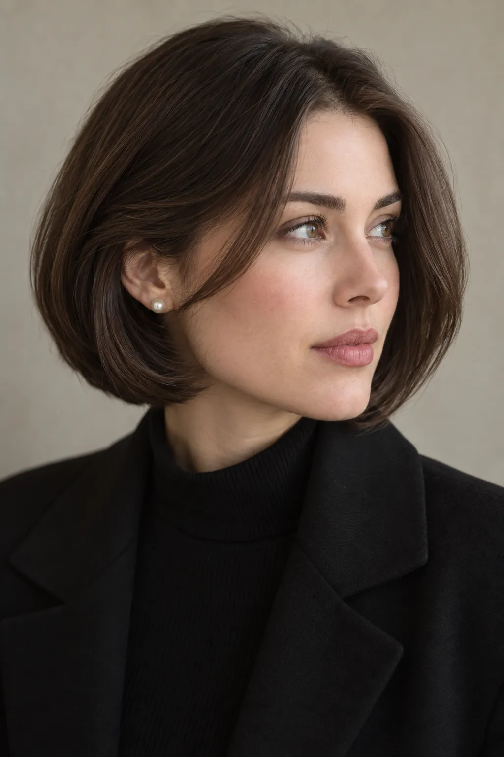 Sleek brunette bob with curtain layers sweeping away from the face.