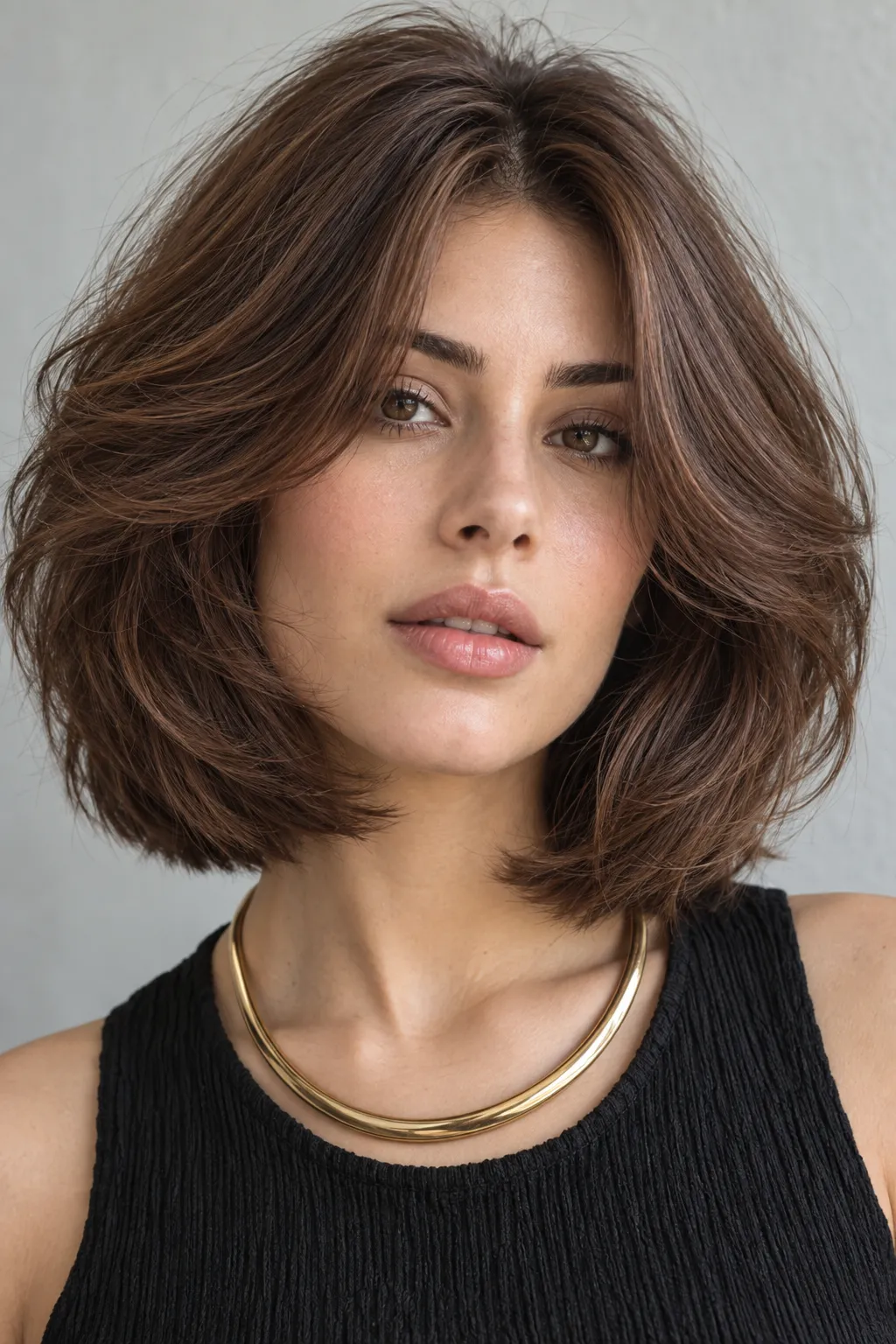 Brunette hair with feathered layers and softly parted curtain bangs.