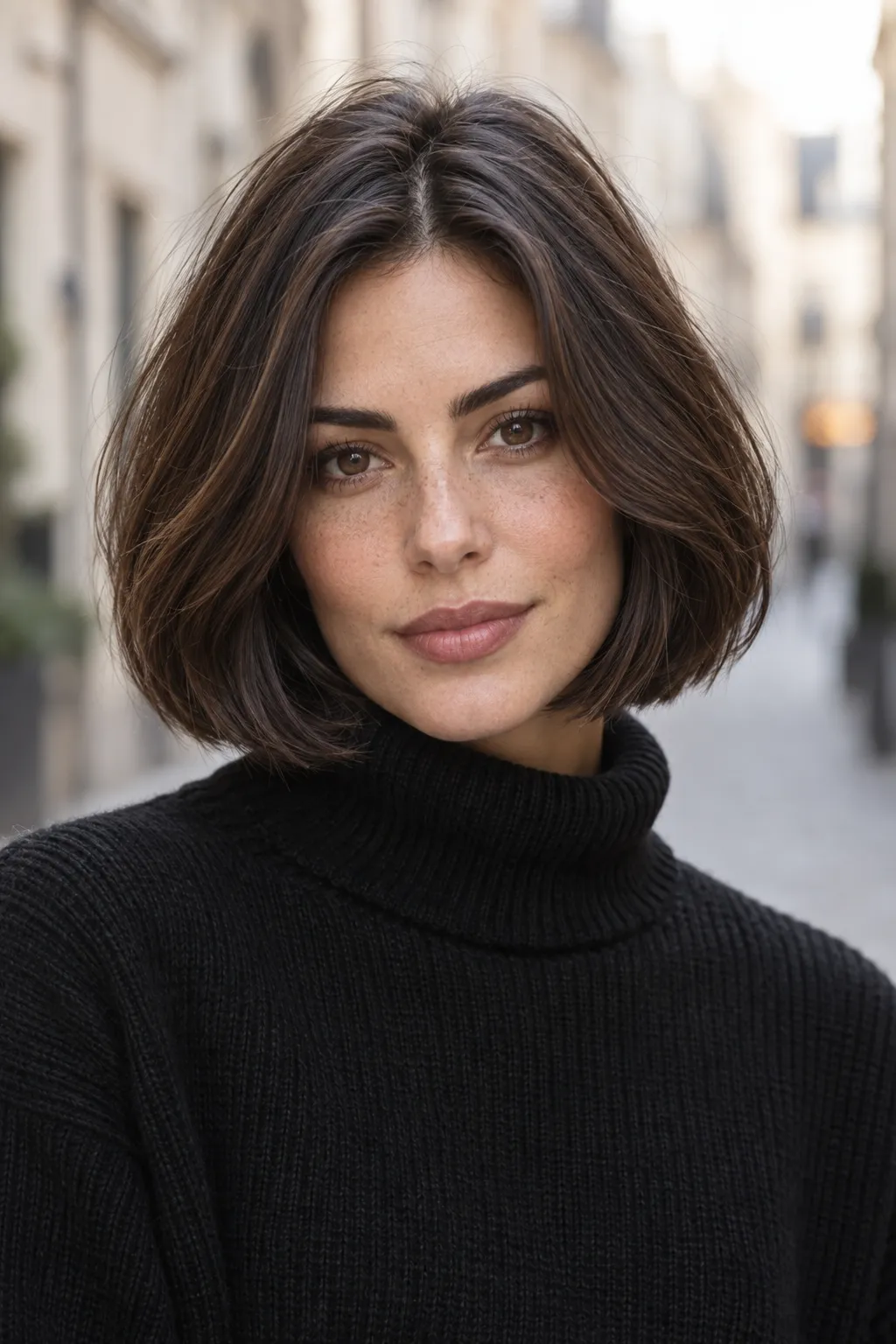 Center-parted chestnut bob with a softly styled finish.