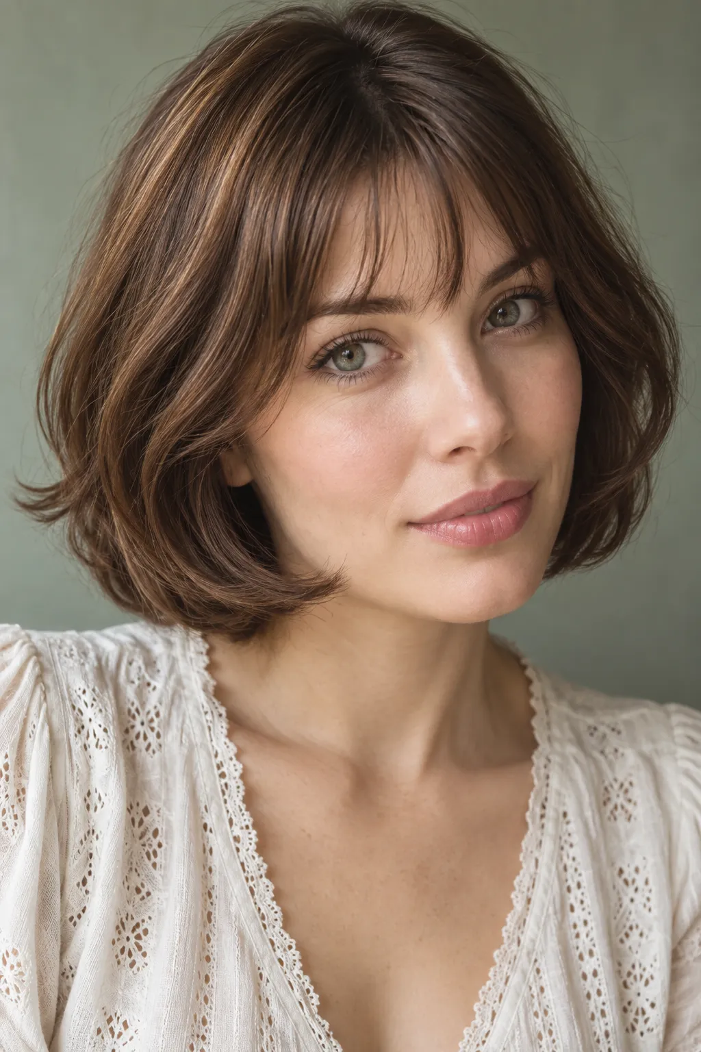 Chestnut bob with bangs and outward-flipped ends.
