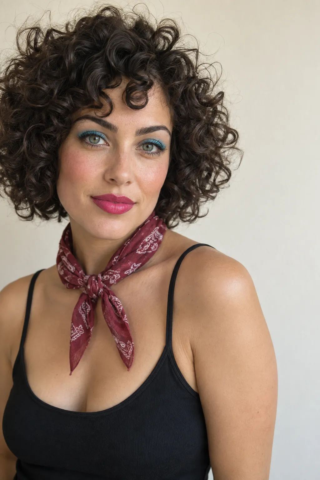 Curly French bob with short, springy bangs.