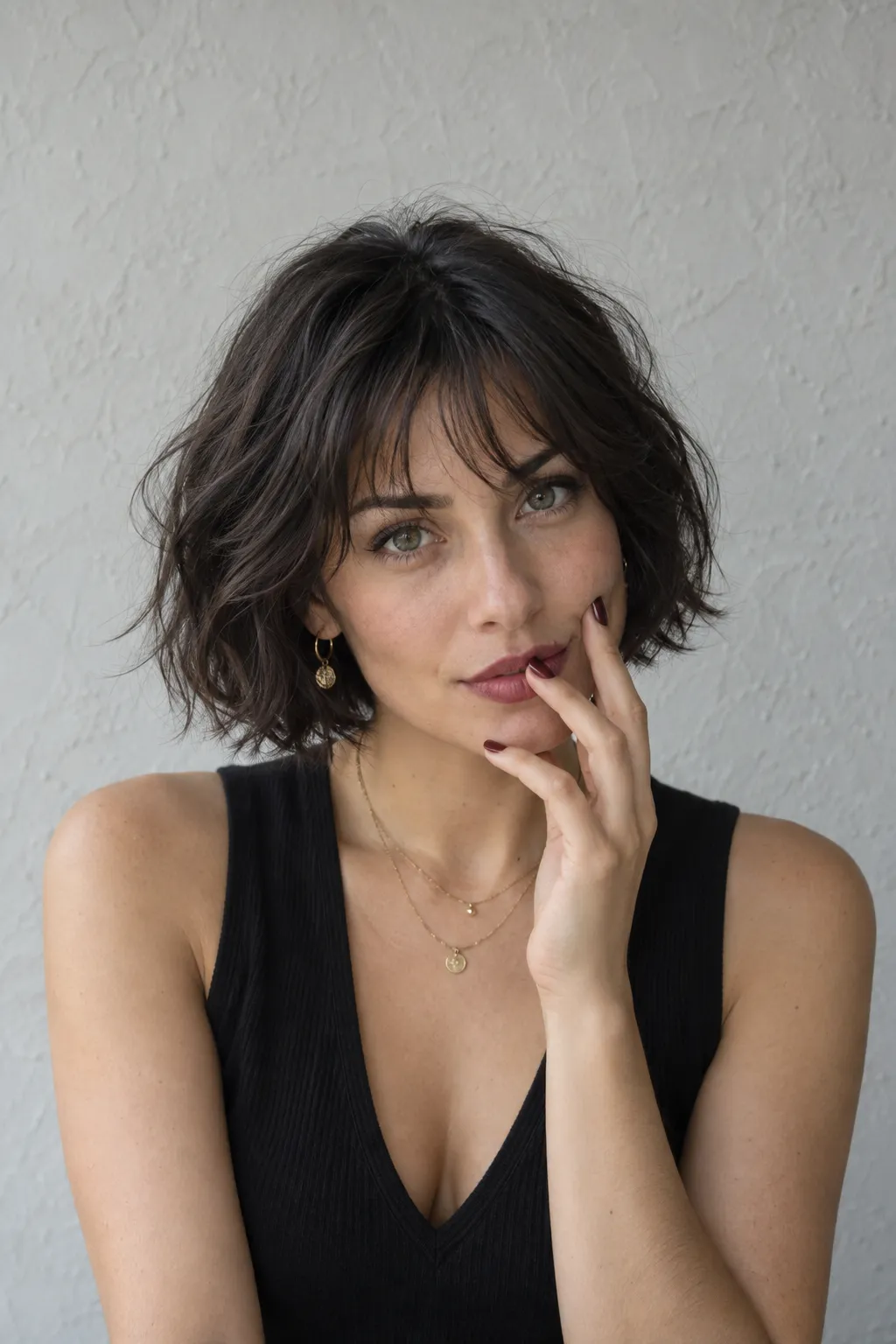 Dark wavy bob with light, wispy bangs across the forehead.