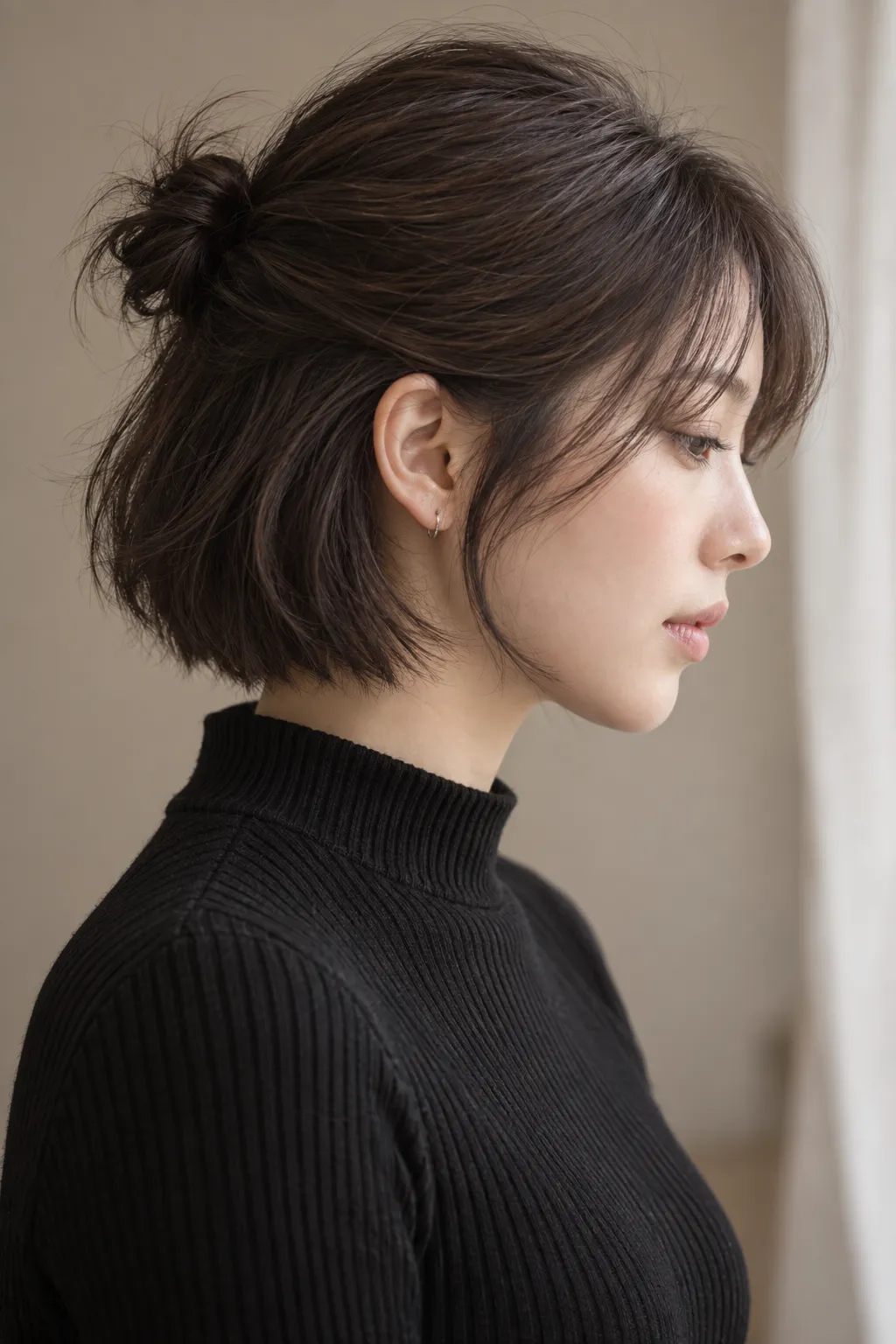 Half-up bun with loose wispy bangs and the lower hair left down.
