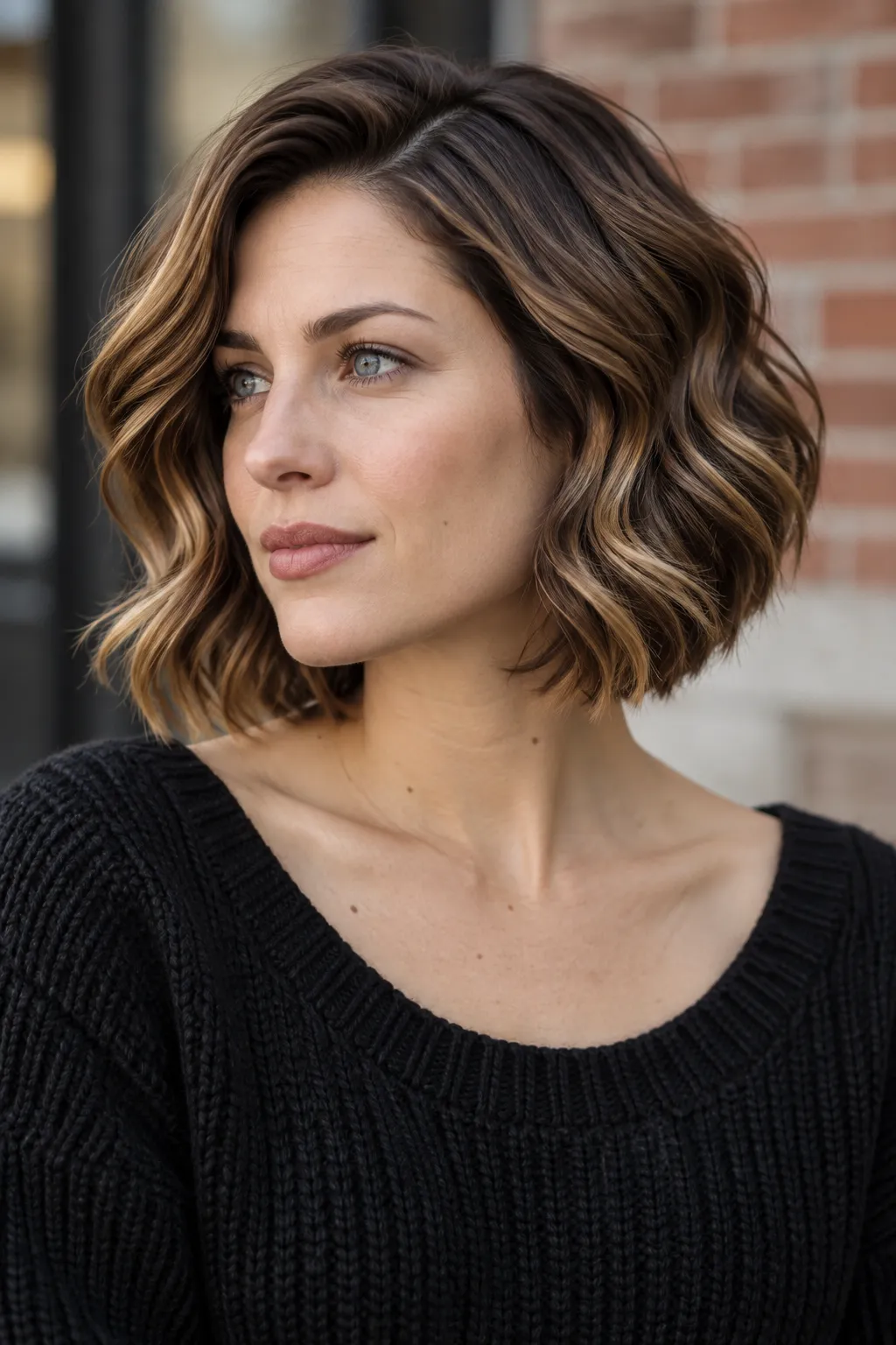 Sculpted bob waves accented with caramel highlights.