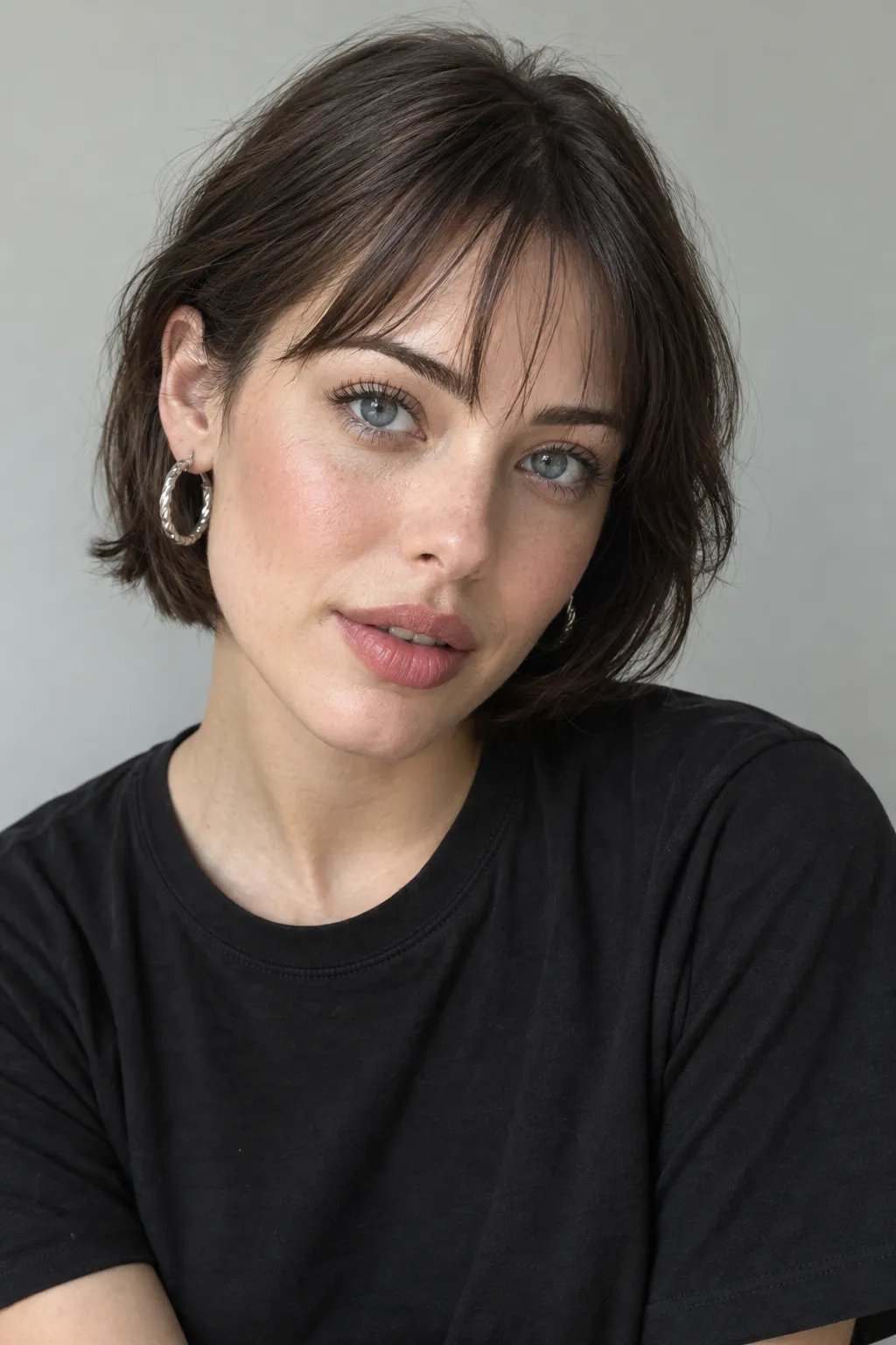Short bob with feathered ends and an uneven, choppy fringe.