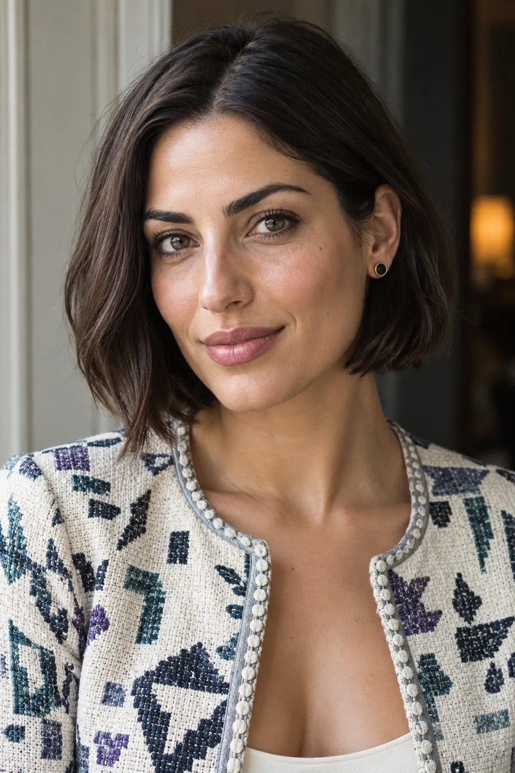 Sleek brunette bob with a center part and smooth, straight styling.